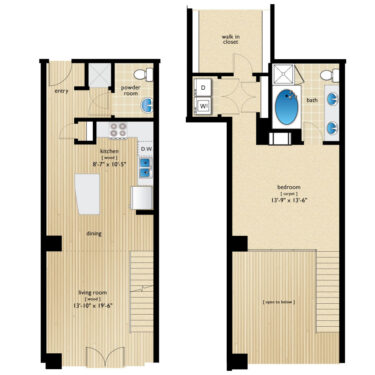 Rendering of the Glenarm I floor plan with 1 bedroom[s] and 1.5 bathroom[s] at Premier Lofts