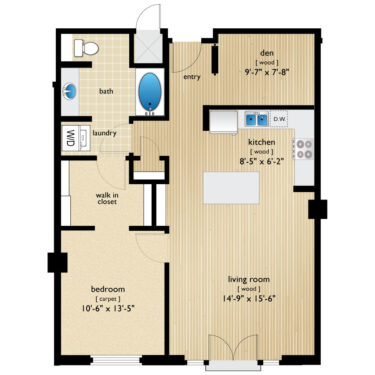 Rendering of the Huron II floor plan with 1 bedroom[s] and 1 bathroom[s] at Premier Lofts