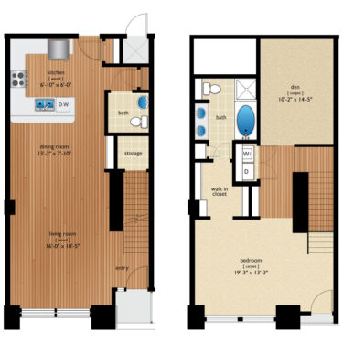 Rendering of the Tremont III floor plan with 1 bedroom[s] and 1.5 bathroom[s] at Premier Lofts