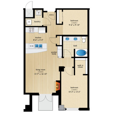 Rendering of the Curtis floor plan with 2 bedroom[s] and 1 bathroom[s] at Premier Lofts