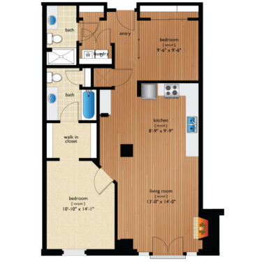 Rendering of the Platte floor plan with 2 bedroom[s] and 2 bathroom[s] at Premier Lofts