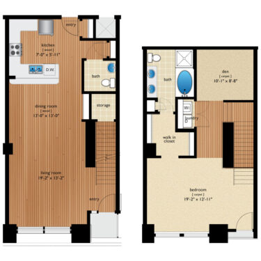 Rendering of the Tremont II floor plan with 1 bedroom[s] and 1.5 bathroom[s] at Premier Lofts