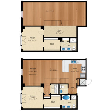Rendering of the Welton floor plan with 2 bedroom[s] and 2.5 bathroom[s] at Premier Lofts