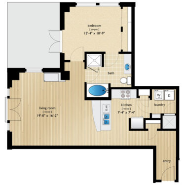 Rendering of the Cleveland floor plan with 1 bedroom[s] and 1 bathroom[s] at Premier Lofts