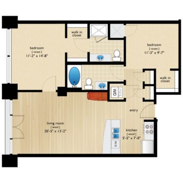 Rendering of the Grant floor plan with 2 bedroom[s] and 2 bathroom[s] at Premier Lofts