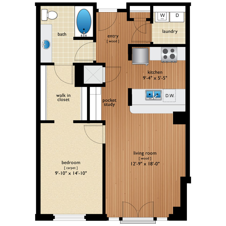 Rendering of the Osage I floor plan with 1 bedroom[s] and 1 bathroom[s] at Premier Lofts