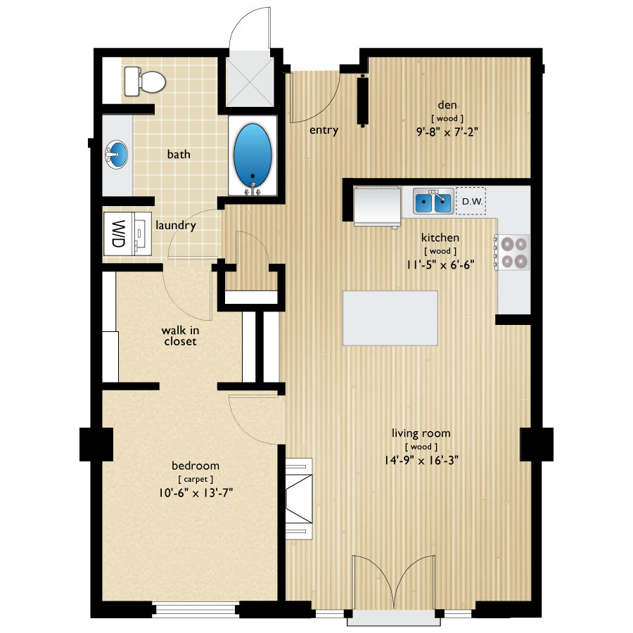 Rendering of the Huron III floor plan with 1 bedroom[s] and 1 bathroom[s] at Premier Lofts