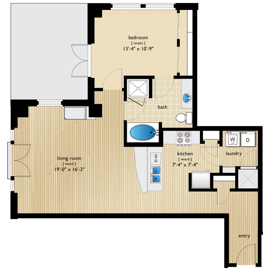 Rendering of the Cleveland floor plan with 1 bedroom[s] and 1 bathroom[s] at Premier Lofts
