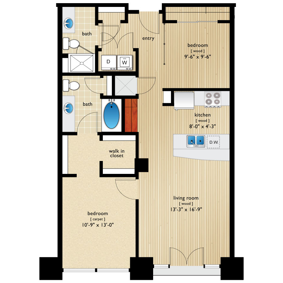 Rendering of the Galapego floor plan with 2 bedroom[s] and 2 bathroom[s] at Premier Lofts