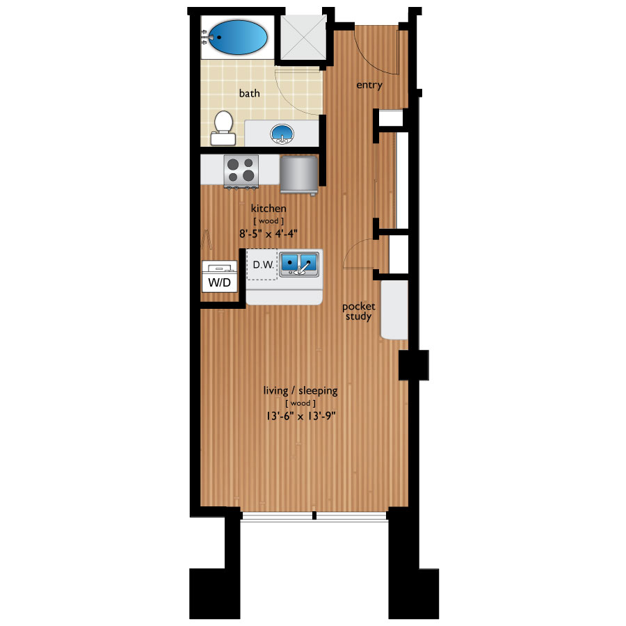 Rendering of the Walnut floor plan with a Studio bedroom and 1 bathroom[s] at Premier Lofts