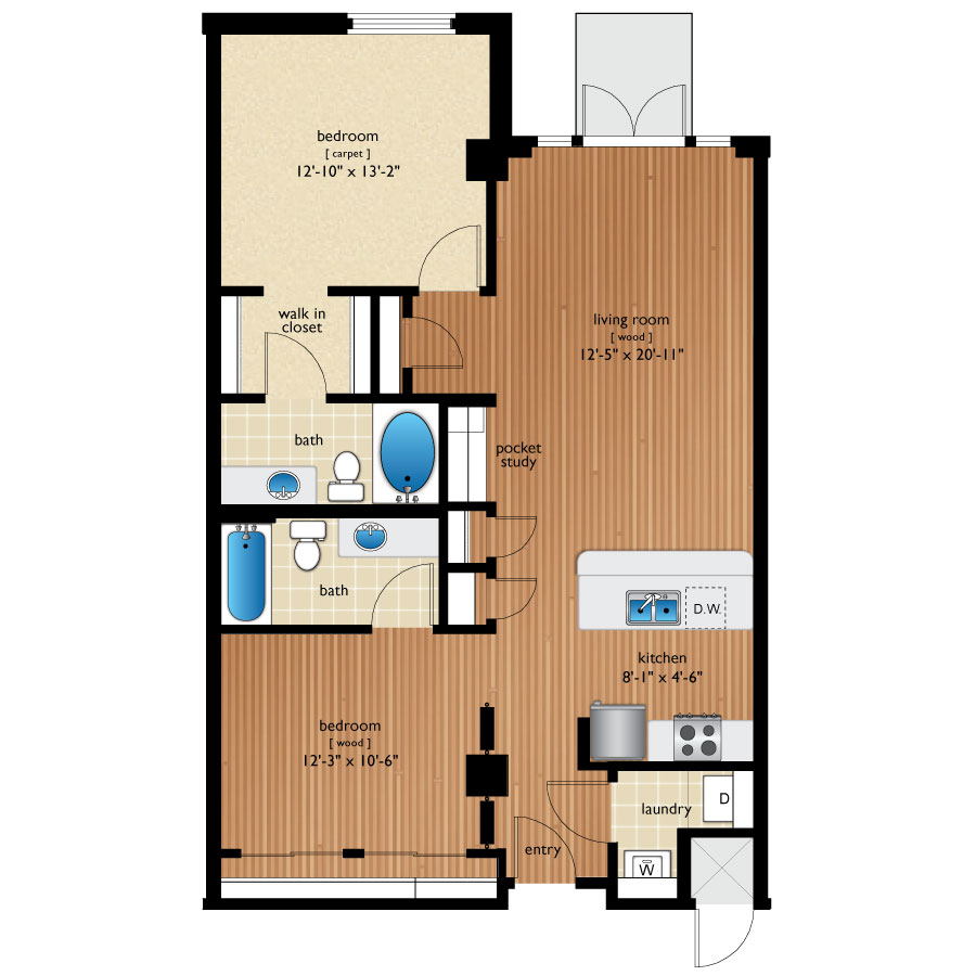Rendering of the Santa Fe floor plan with 2 bedroom[s] and 2 bathroom[s] at Premier Lofts