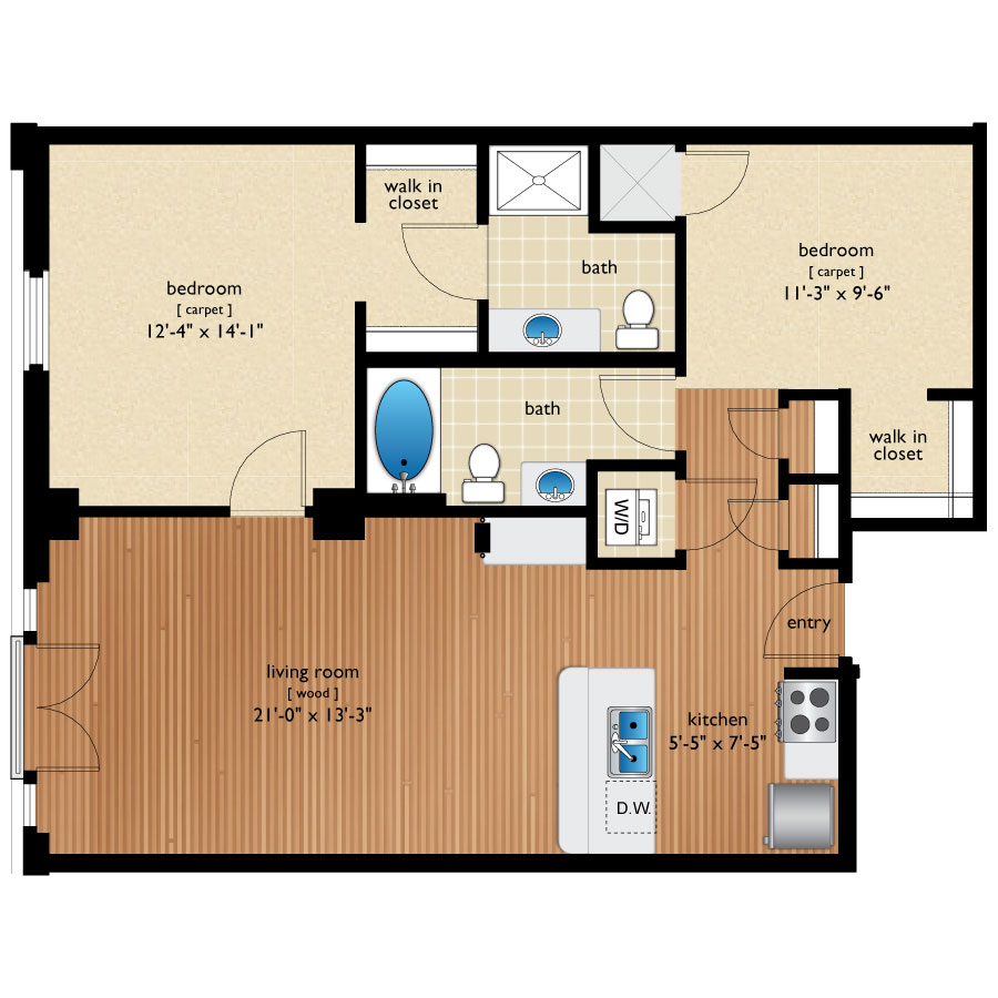 Rendering of the Lincoln floor plan with 2 bedroom[s] and 2 bathroom[s] at Premier Lofts