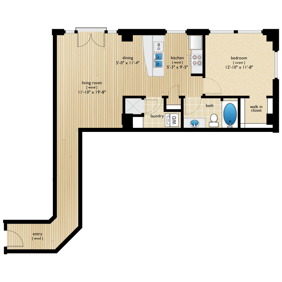 Rendering of the California floor plan with 1 bedroom[s] and 1 bathroom[s] at Premier Lofts