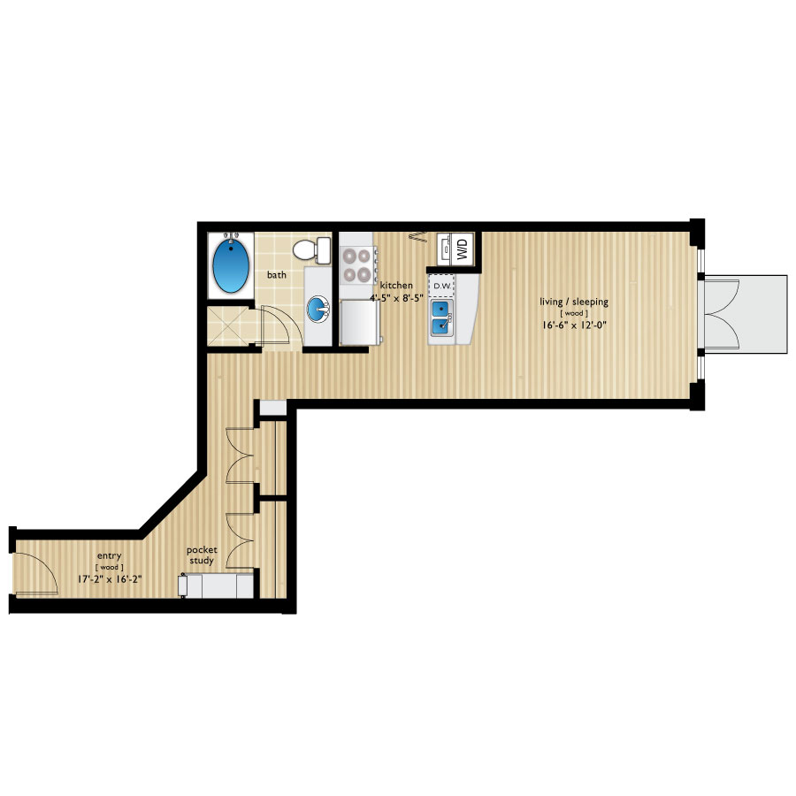 Rendering of the Chestnut floor plan with a Studio bedroom and 1 bathroom[s] at Premier Lofts