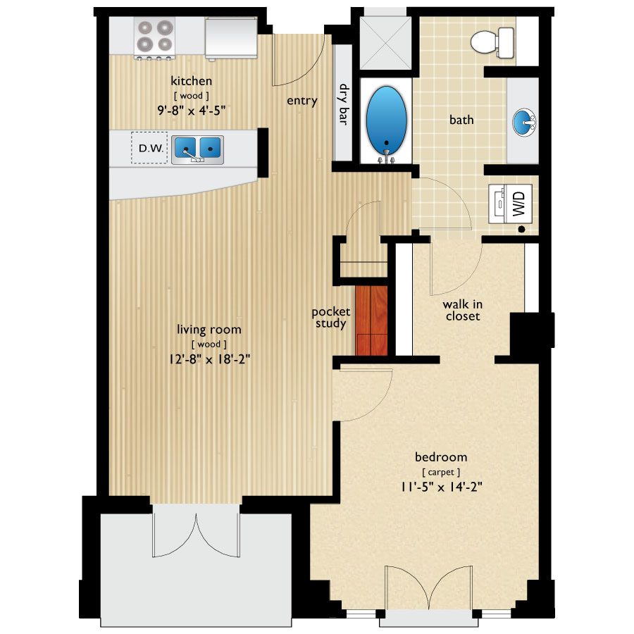 Rendering of the Delgany floor plan with 1 bedroom[s] and 1 bathroom[s] at Premier Lofts