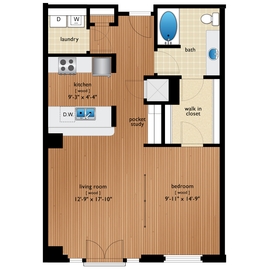Rendering of the Osage II floor plan with 1 bedroom[s] and 1 bathroom[s] at Premier Lofts