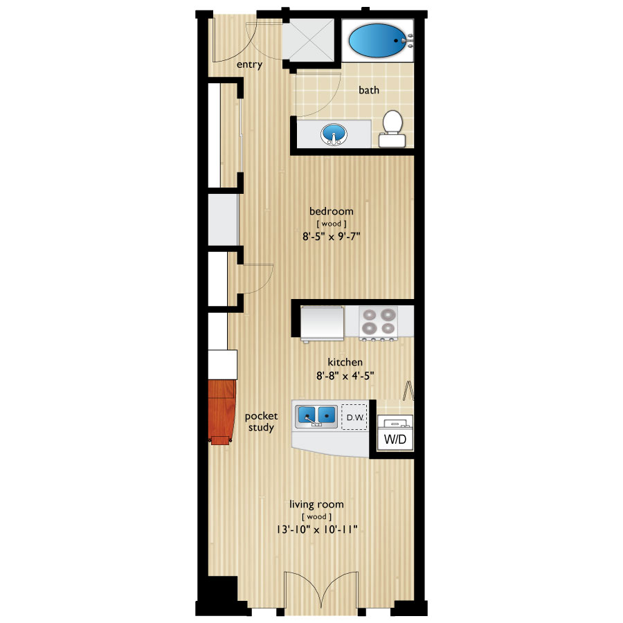 Rendering of the Elati I floor plan with 1 bedroom[s] and 1 bathroom[s] at Premier Lofts