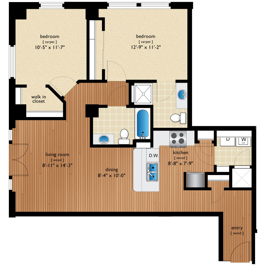 Rendering of the Speer floor plan with 2 bedroom[s] and 2 bathroom[s] at Premier Lofts