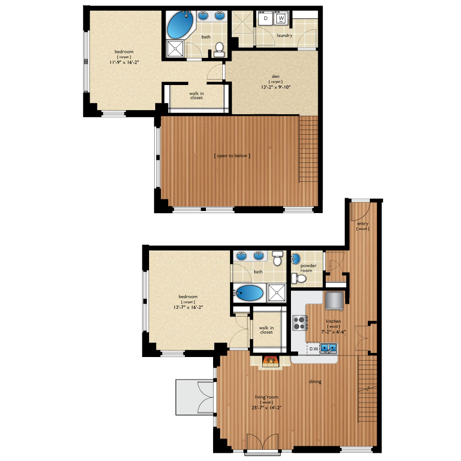 Rendering of the Wynkoop floor plan with 2 bedroom[s] and 2.5 bathroom[s] at Premier Lofts