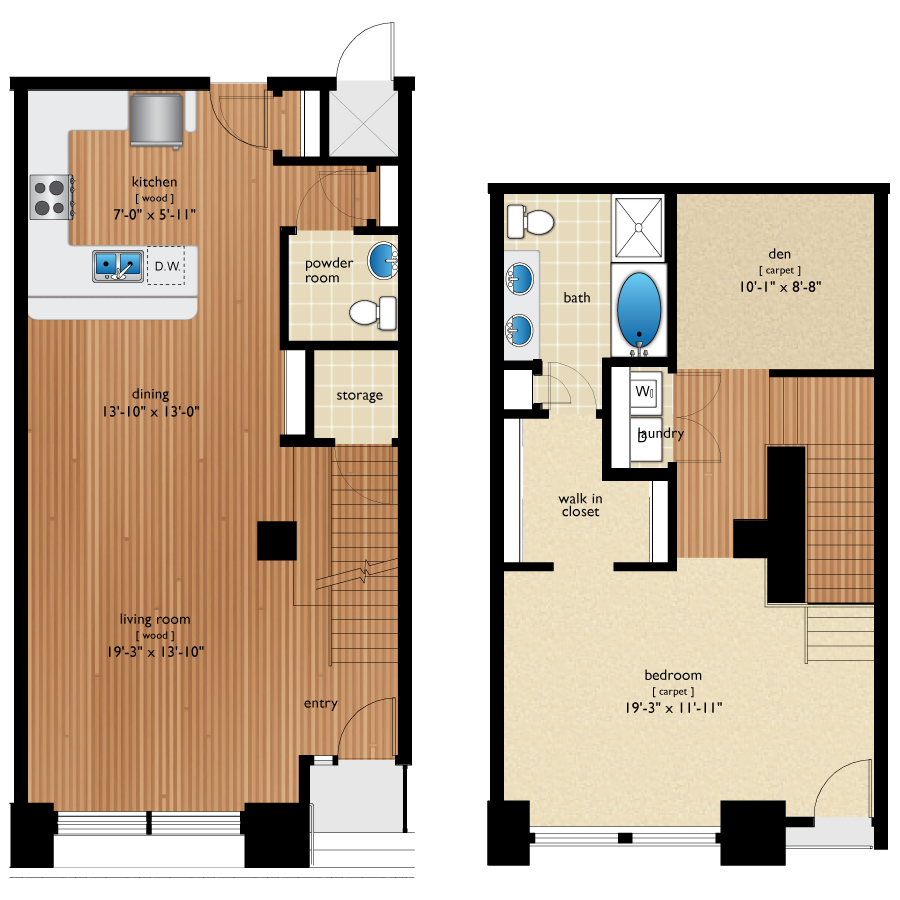 Rendering of the Tremont floor plan with 1 bedroom[s] and 1.5 bathroom[s] at Premier Lofts