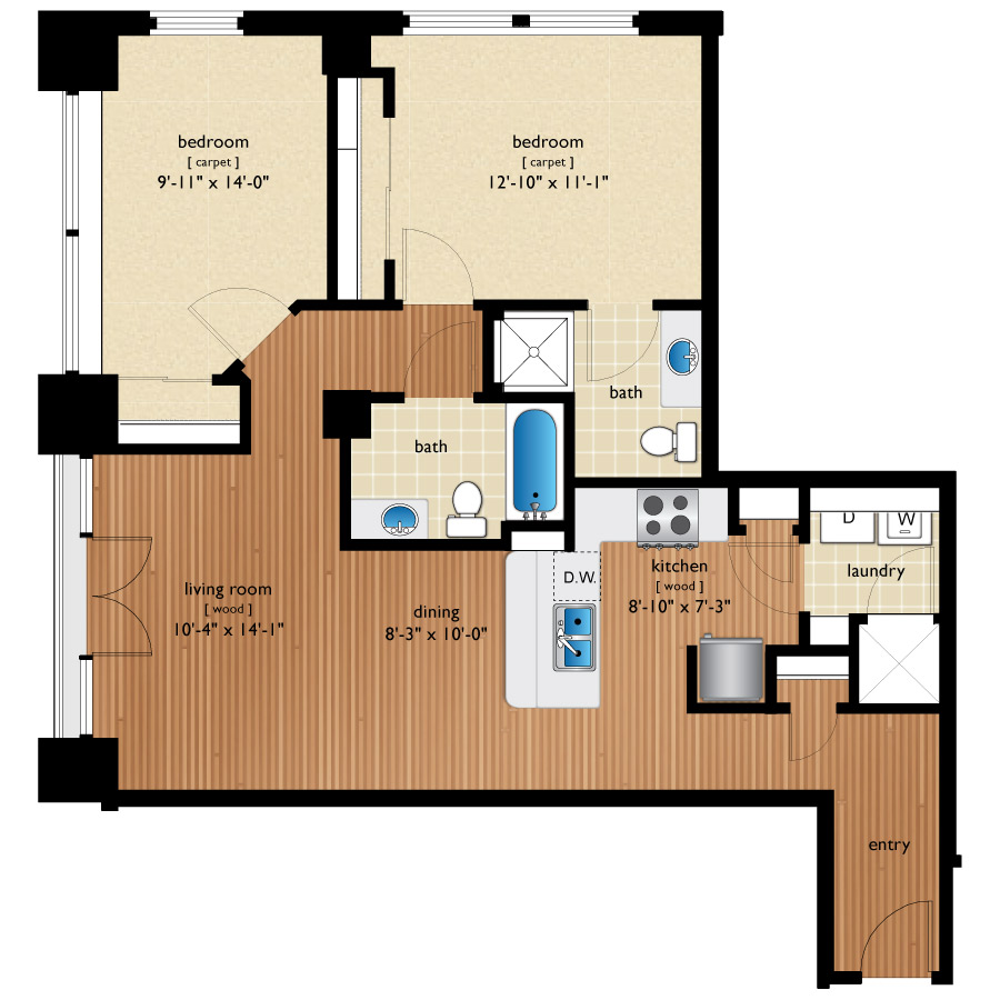 Rendering of the Logan floor plan with 2 bedroom[s] and 2 bathroom[s] at Premier Lofts