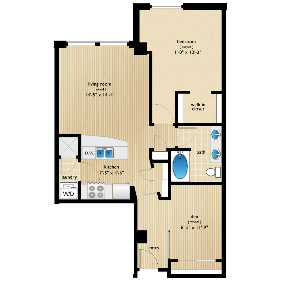 Rendering of the Cherokee floor plan with 1 bedroom[s] and 1 bathroom[s] at Premier Lofts