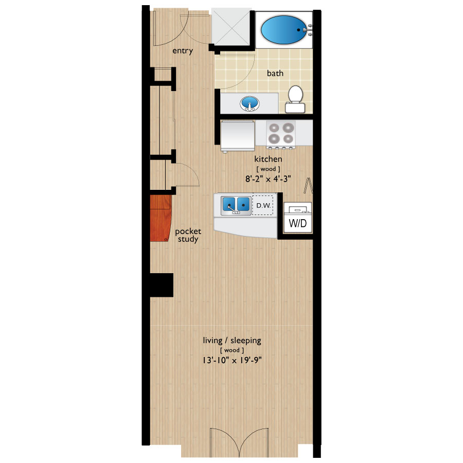 Rendering of the Fox III floor plan with a Studio bedroom and 1 bathroom[s] at Premier Lofts