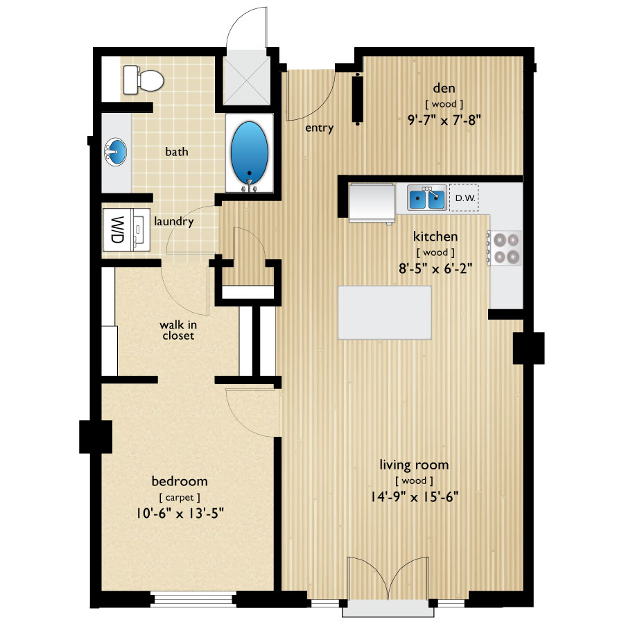 Rendering of the Huron II floor plan with 1 bedroom[s] and 1 bathroom[s] at Premier Lofts