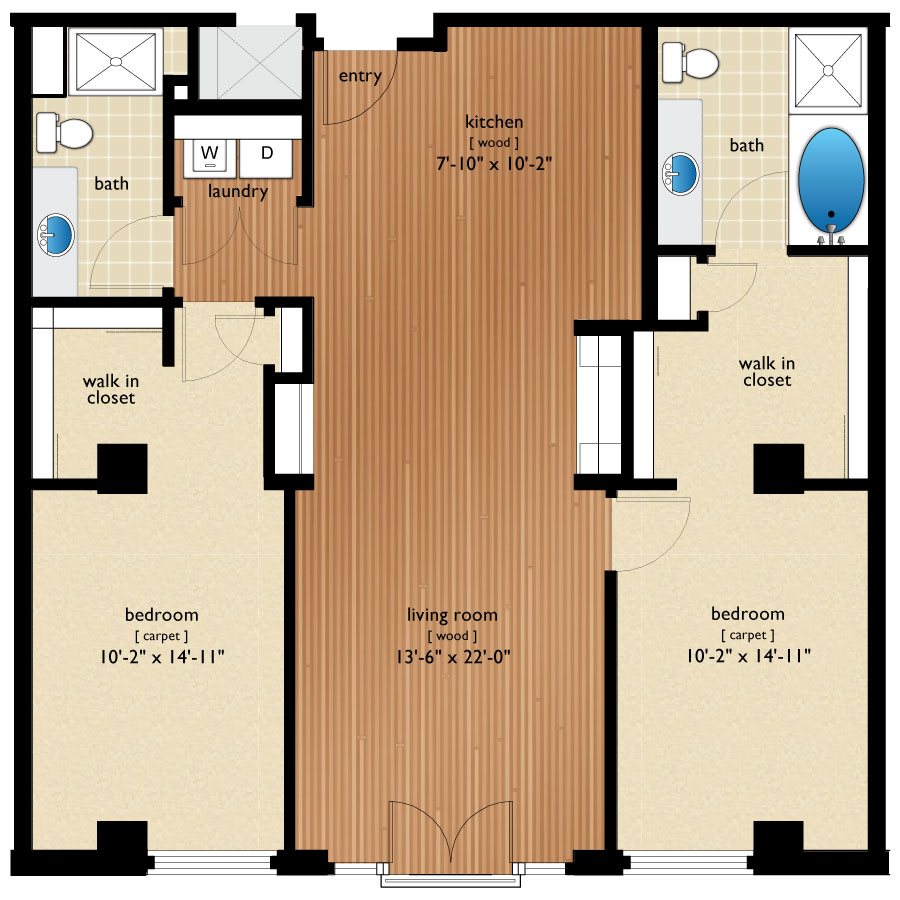 Rendering of the Stout floor plan with 2 bedroom[s] and 2 bathroom[s] at Premier Lofts