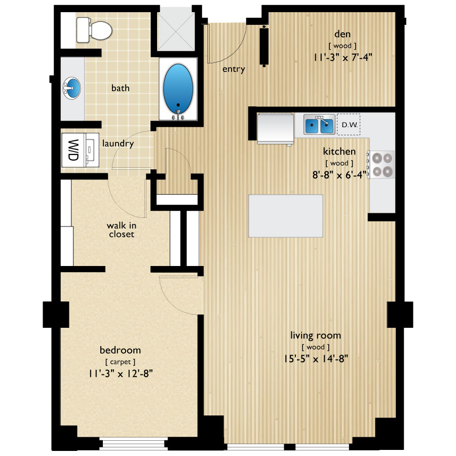 Rendering of the Huron IV floor plan with 1 bedroom[s] and 1 bathroom[s] at Premier Lofts