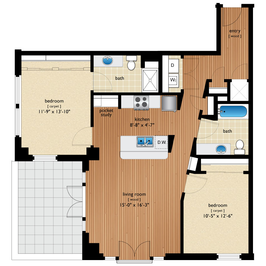 Rendering of the Larimer floor plan with 2 bedroom[s] and 2 bathroom[s] at Premier Lofts