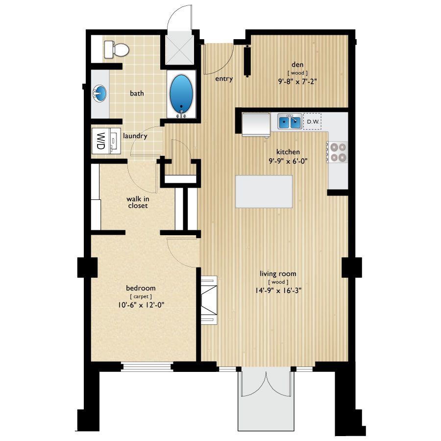 Rendering of the Huron I floor plan with 1 bedroom[s] and 1 bathroom[s] at Premier Lofts