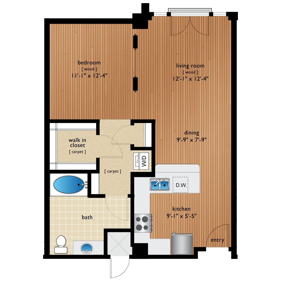 Rendering of the Mineral floor plan with 1 bedroom[s] and 1 bathroom[s] at Premier Lofts