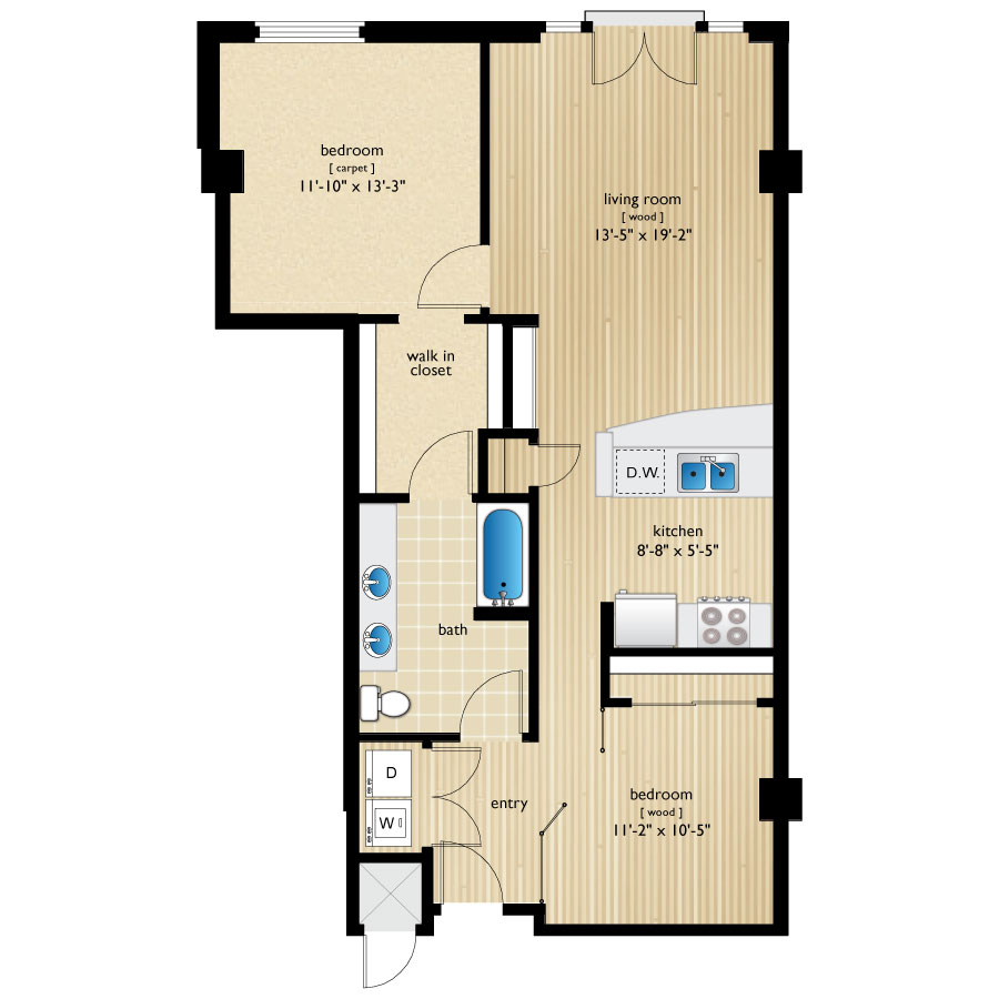 Rendering of the Bannock floor plan with 2 bedroom[s] and 1 bathroom[s] at Premier Lofts