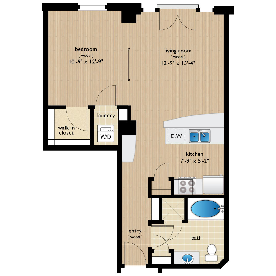 Rendering of the Bassett floor plan with 1 bedroom[s] and 1 bathroom[s] at Premier Lofts