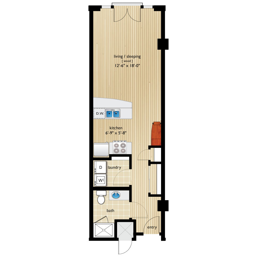 Rendering of the Fox I floor plan with a Studio bedroom and 1 bathroom[s] at Premier Lofts